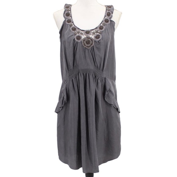 Rebecca Taylor Dresses & Skirts - Rebecca Taylor Silk Beaded Embellished Sheath Dress Gray Pockets Scoop Neck 10